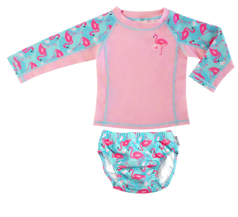 Zoocchini Rashguard Top + Swim Diaper 2pc Set - Flamingo